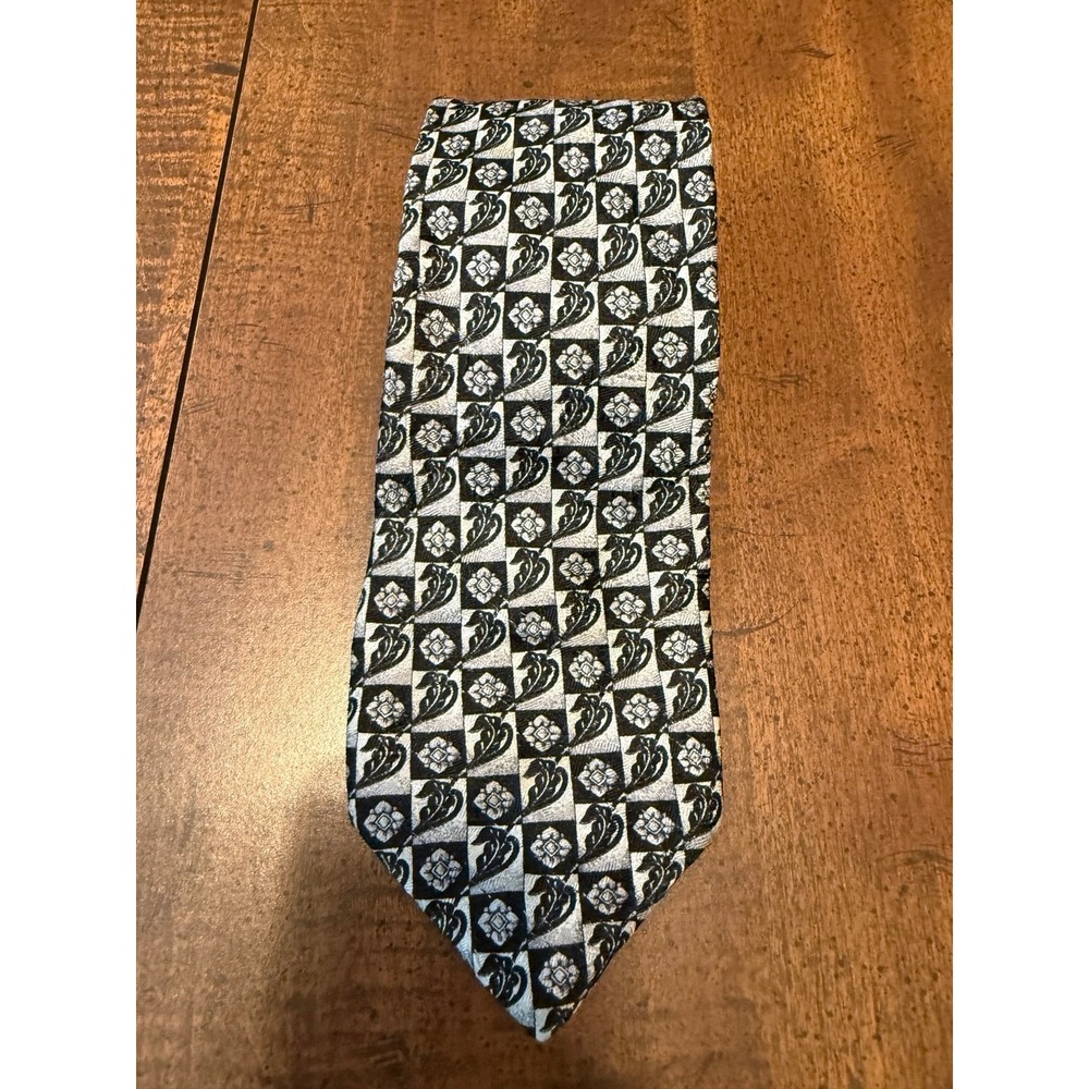 Countess Mara Men's 100% Silk Tie Black Silver Checkered Floral Handmade Italy